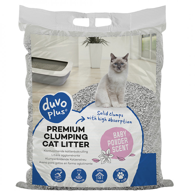 Duvo Plus Premium Clumping  Baby Powder, 12kg - smalkie cementējošie pelēkie pakaiši ar bērnu pūdera aromātu