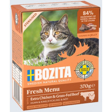 Bozita Fresh Menu Extra Chicken & Grass-Fed Beef Jelly Sterilized, 370g - bezgraudu gaļas gabaliņi ar vistu un brīvā dabā audzētu liellopu želejā sterilizētiem kaķiem